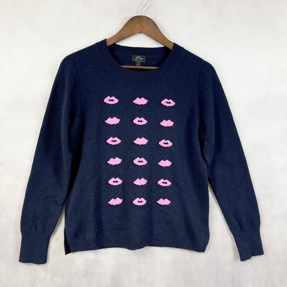 J Crew Women Cashmere Sweater Medium Lip Print Kiss Preppy Pop Art Twee Eclectic